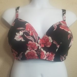 Cacique Floral Lightly Lined T-Shirt Bra Black Red Pinks Size 44DD EUC